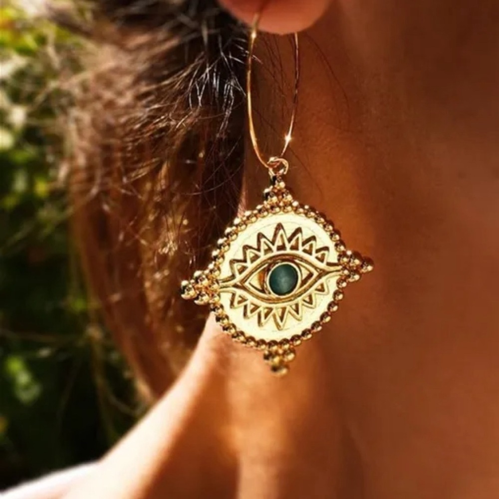 2/$30🌵 Egyptian Revival Eye Of Horus Evil Eye Earrings Antiqued Gold Hoop NEW